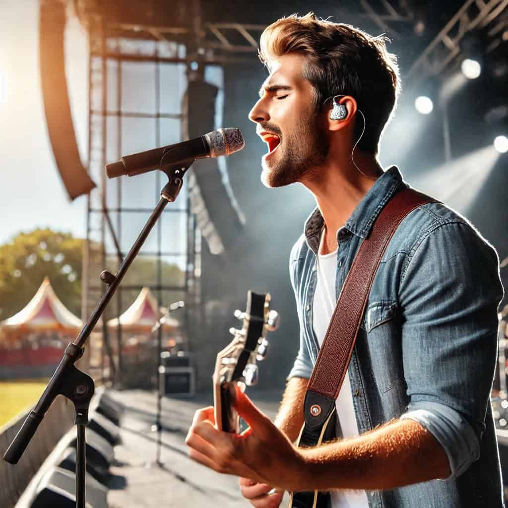 najlepsze słuchawki odsłuchowe sceniczne w uszach mężczyzny z gitarą śpiewającego na koncercie