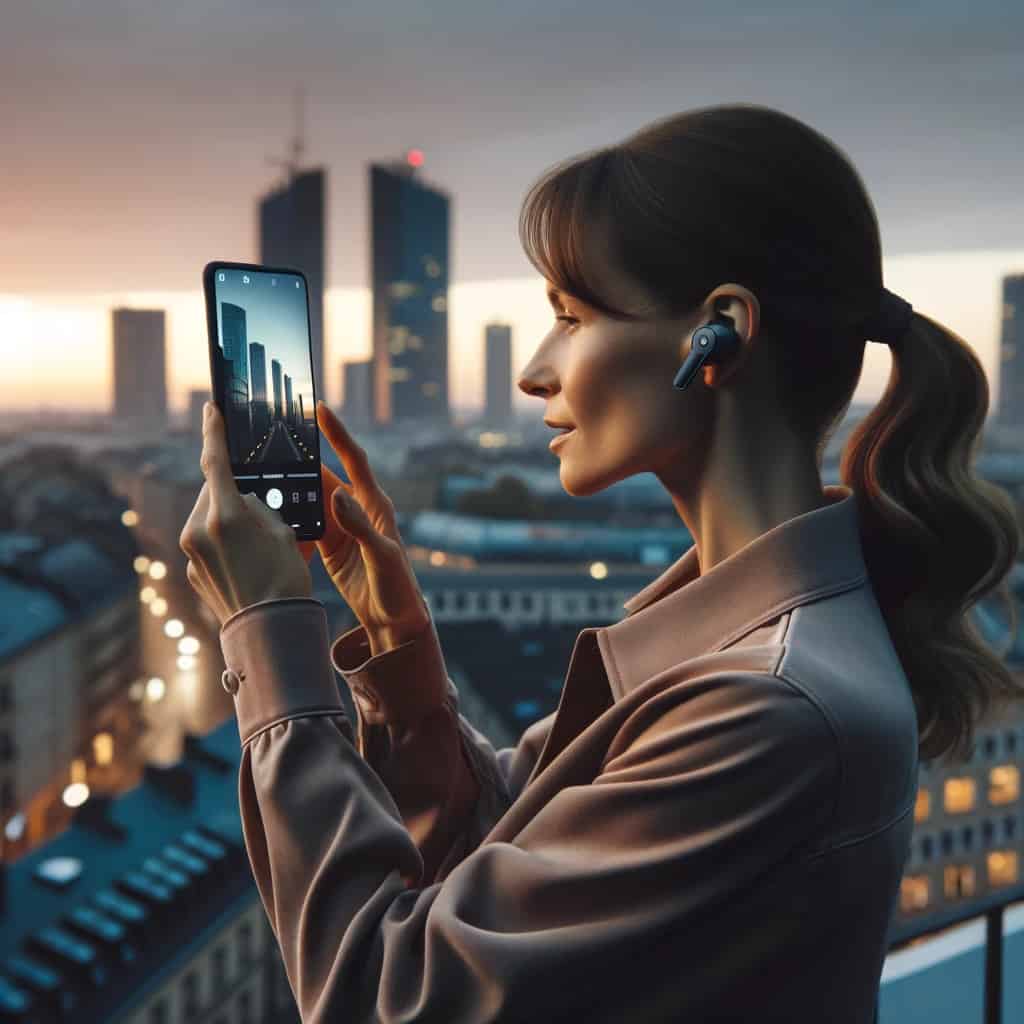 najlepsze słuchawki true wireless - kobieta słuchająca muzyki w przykładowym modelu i robiąca zdjęcie telefonem