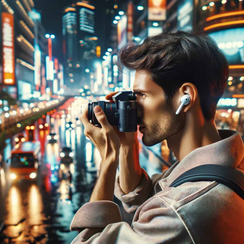 najlepsze słuchawki tws z anc w uszach mężczyzny robiącego zdjęcie miasta aparatem fotograficznym