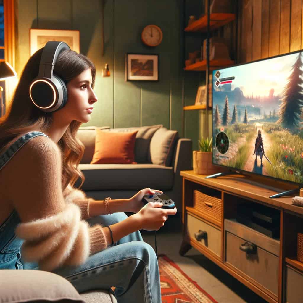 nintendo switch słuchawki bezprzewodowe na głowie kobiety grającej na konsoli