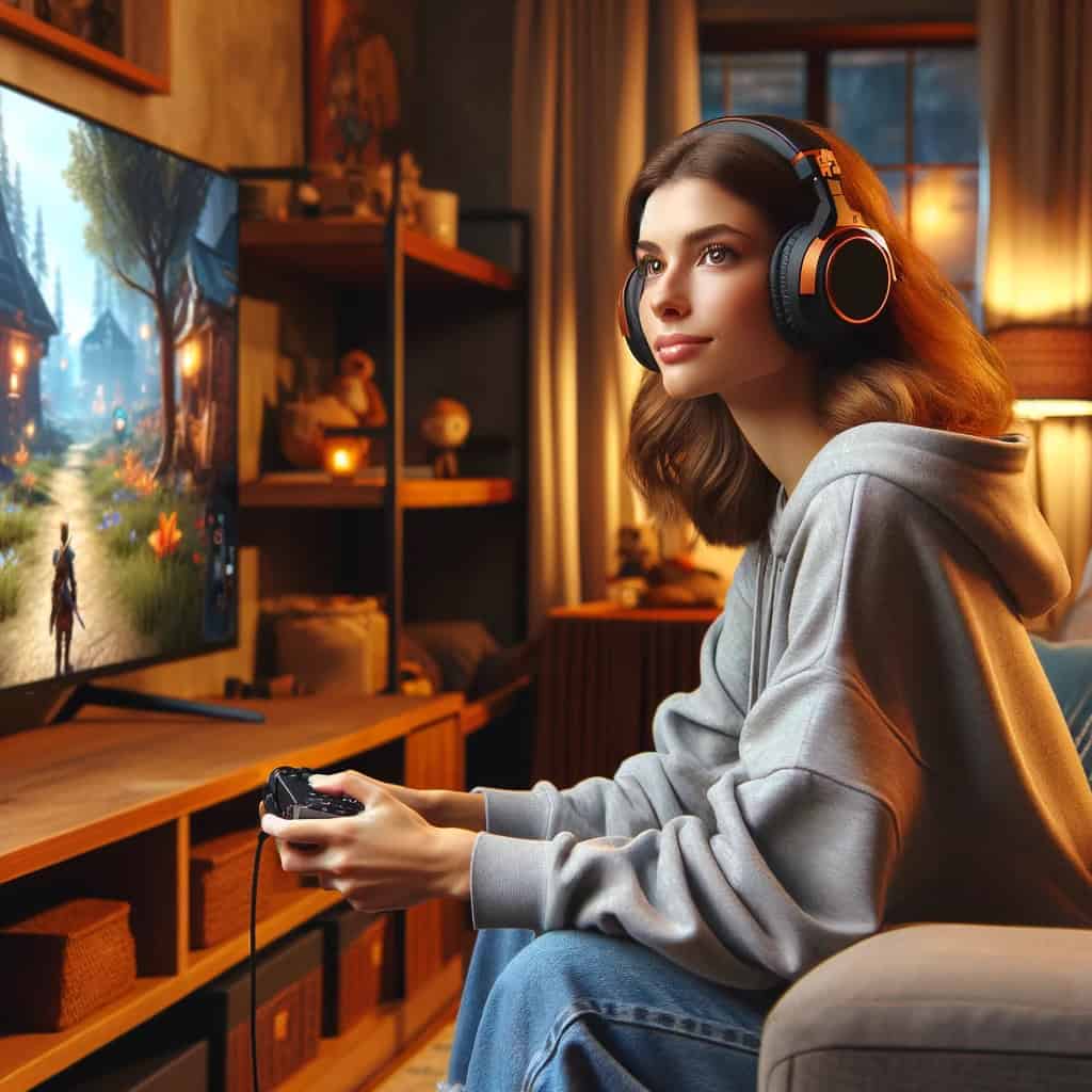 nintendo switch słuchawki bluetooth na głowie kobiety grające na konsoli