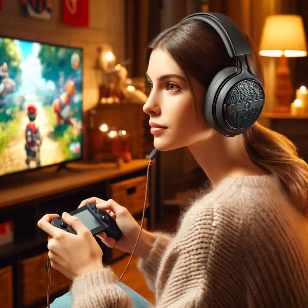 nintendo switch słuchawki przewodowe na uszach kobiety grającej na konsoli