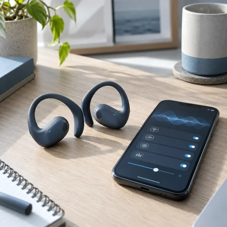 Słuchawki open-ear obok telefonu z ustawieniami dźwięku