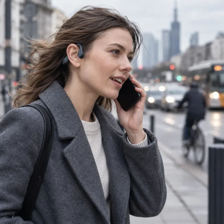 Osoba w słuchawkach open-ear rozmawia przez telefon na ulicy
