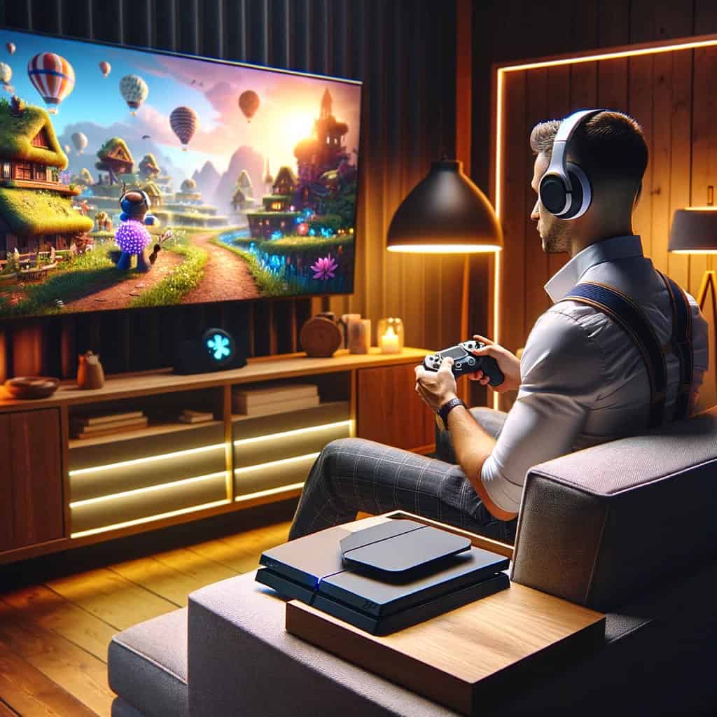 ps4 słuchawki na uszach mężczyzny grającego na konsoli