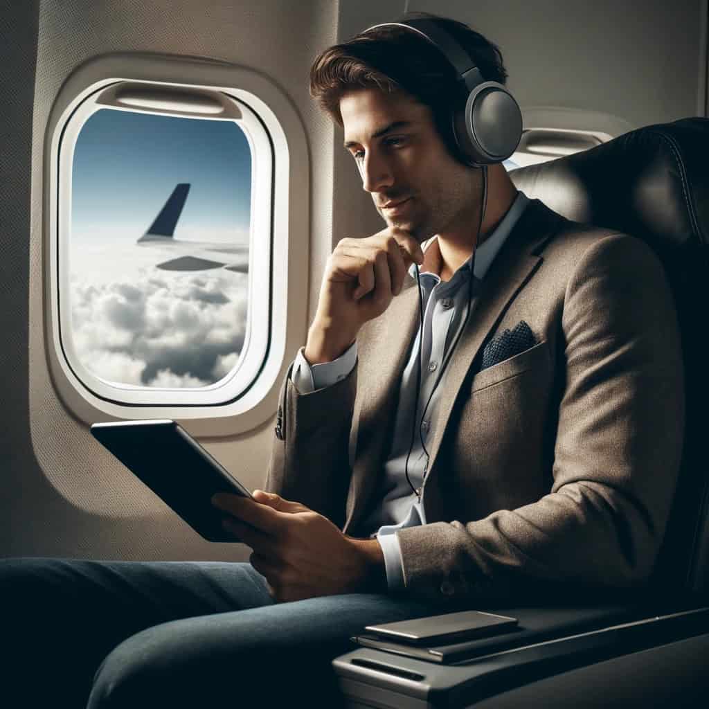 ranking słuchawek do audiobooków - przykładowy model na głowie mężczyzny w samolocie