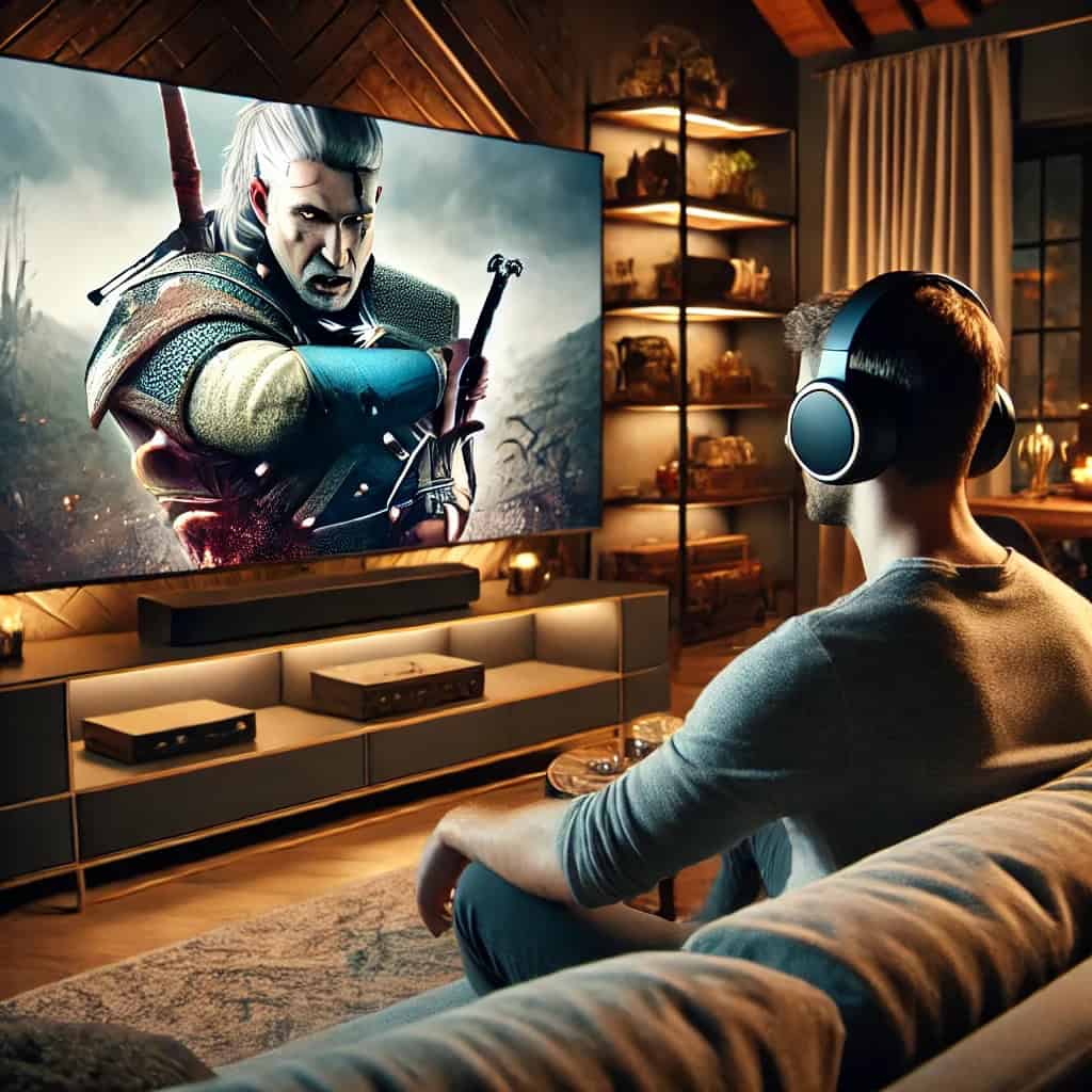 ranking słuchawek do kina domowego - przykładowy model nauszny na głowie mężczyzny oglądającego w TV film fantasy