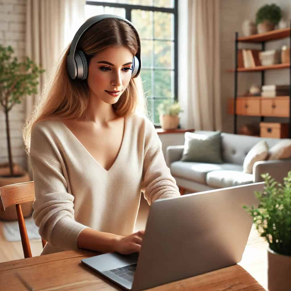 ranking słuchawek do laptopa - przykładowy model na głowie kobiety siedzącej przy stole w salonie na laptopie