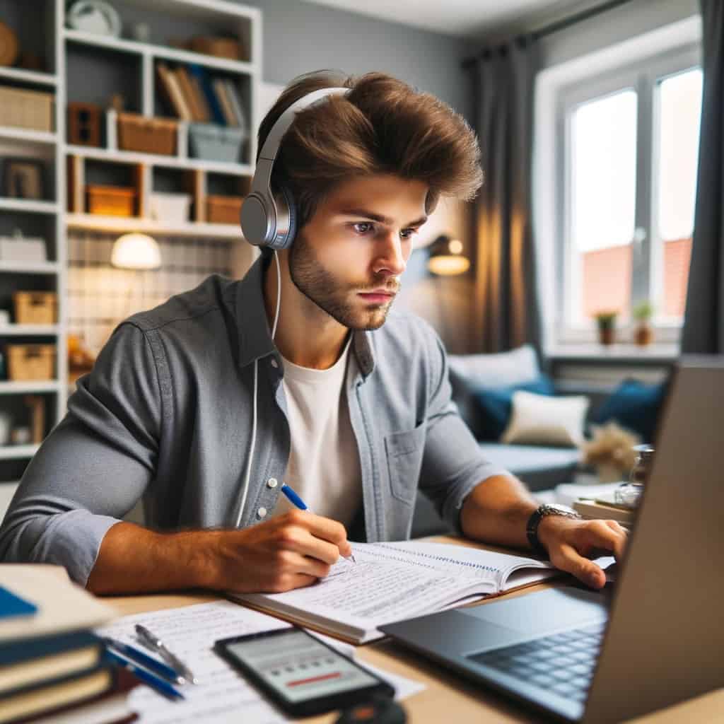 ranking słuchawek do nauki zdalnej - student skupiony na ekranie laptopa
