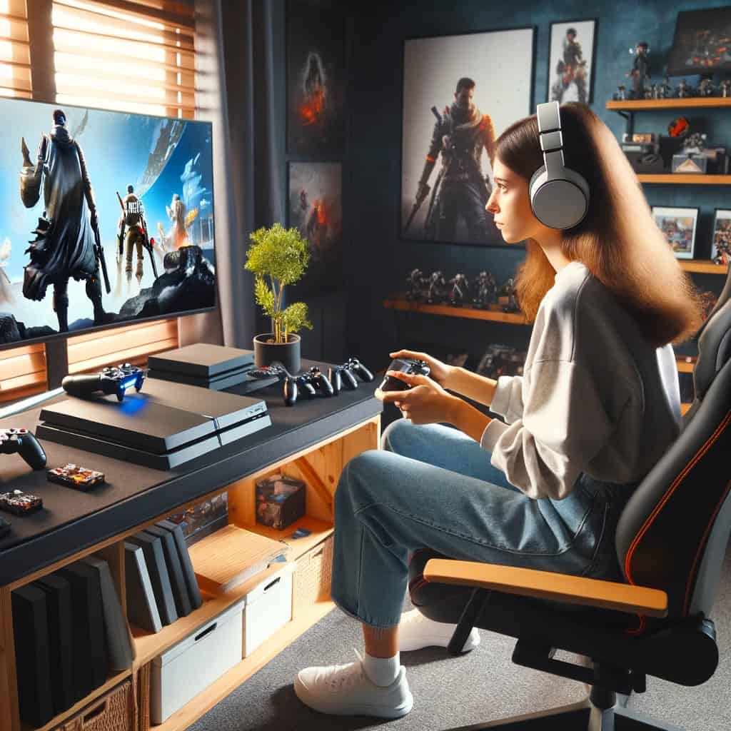 ranking słuchawek do playstation - przykładowy model na głowie kobiety grającej w grę na konsoli