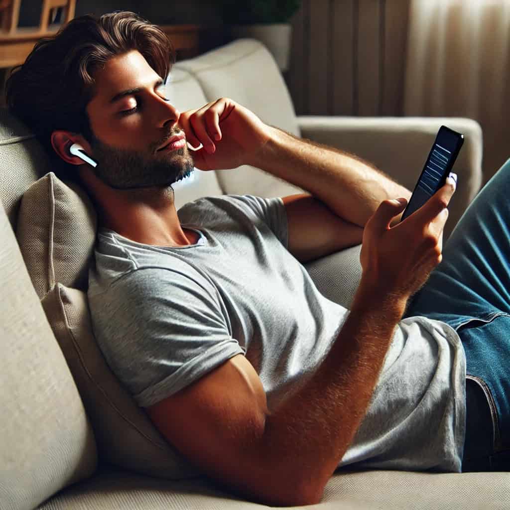 ranking słuchawek do słuchania muzyki z telefonu - przykładowy model w uszach mężczyzny leżącego na sofie
