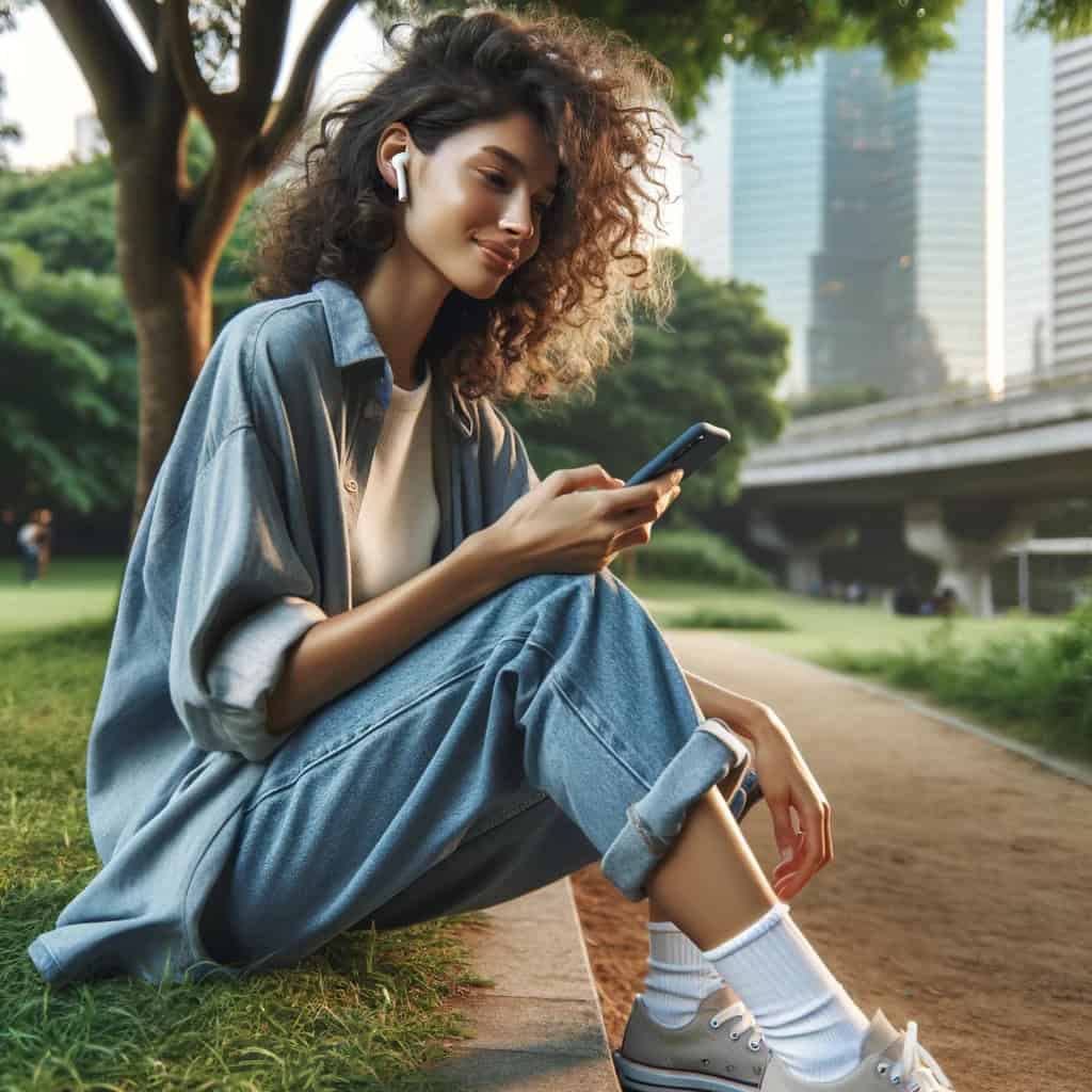 ranking słuchawek do telefonu - uśmiechnięta kobieta siedzi na trawie z telefonem w ręku i słuchawkach dokanałowych