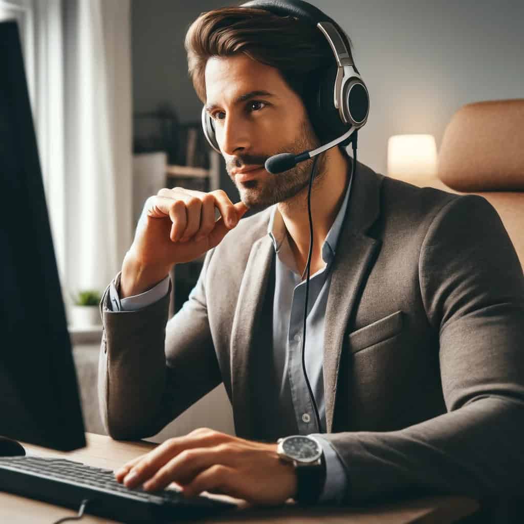 ranking słuchawek z mikrofonem do 500 zł - przykładowy model na uszach mężczyzny, który bierze udział w spotkaniu online