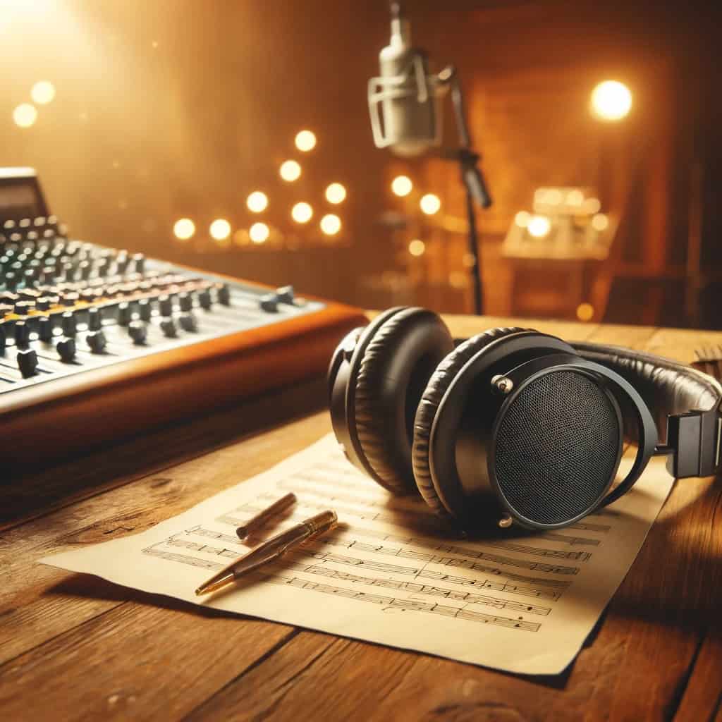 rodzaje dźwięków w muzyce - słuchawki leżą na nutach na stole w studiu muzycznym