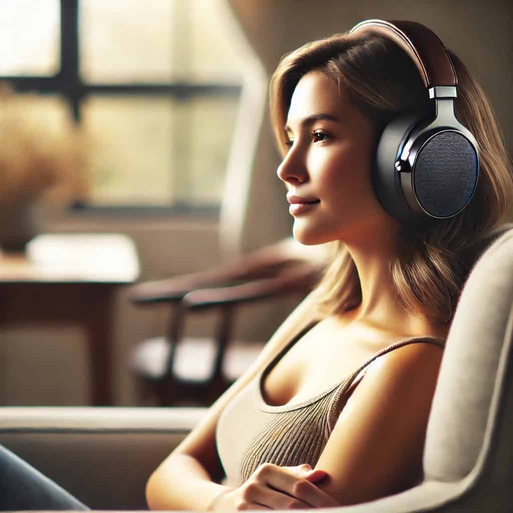słuchawki audiofilskie ranking przykładowy model na uszach kobiety, która słucha muzyki siedząc w fotelu