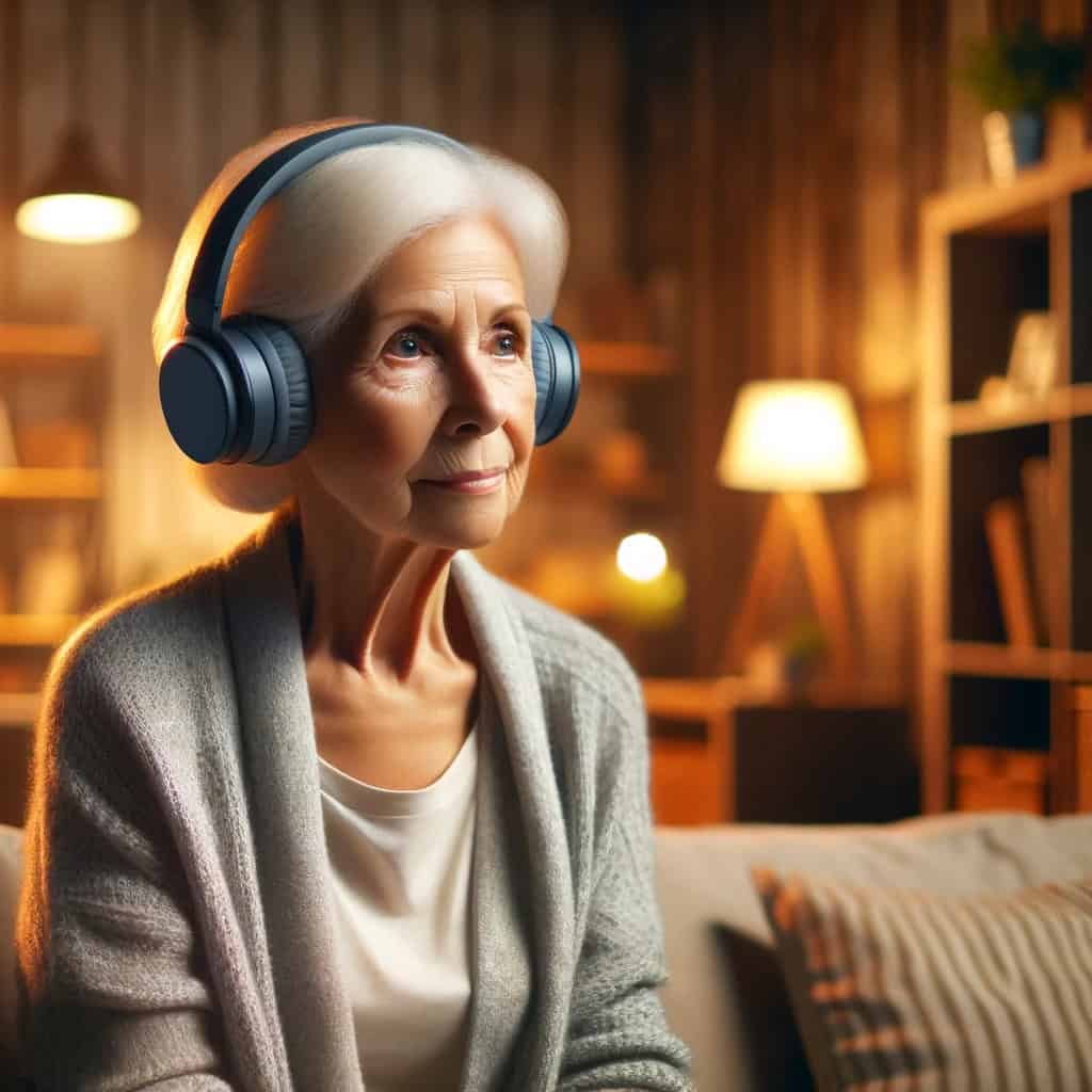 słuchawki bezprzewodowe dla seniora na głowie kobiety oglądającej film