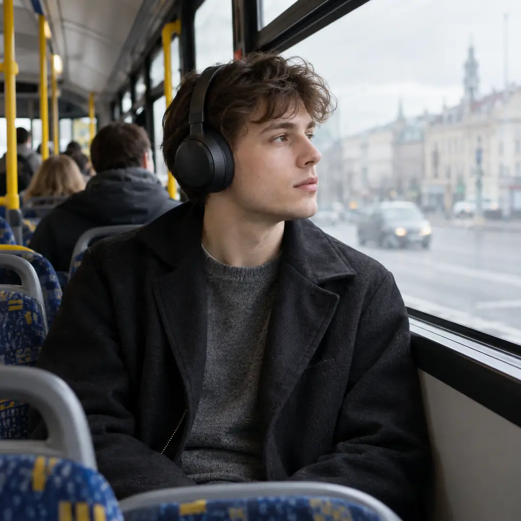 Mężczyzna podróżujący autobusem w słuchawkach bezprzewodowych