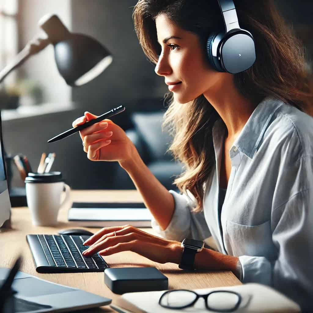 słuchawki bezprzewodowe do PC na uszach kobiety pracującej zdalnie