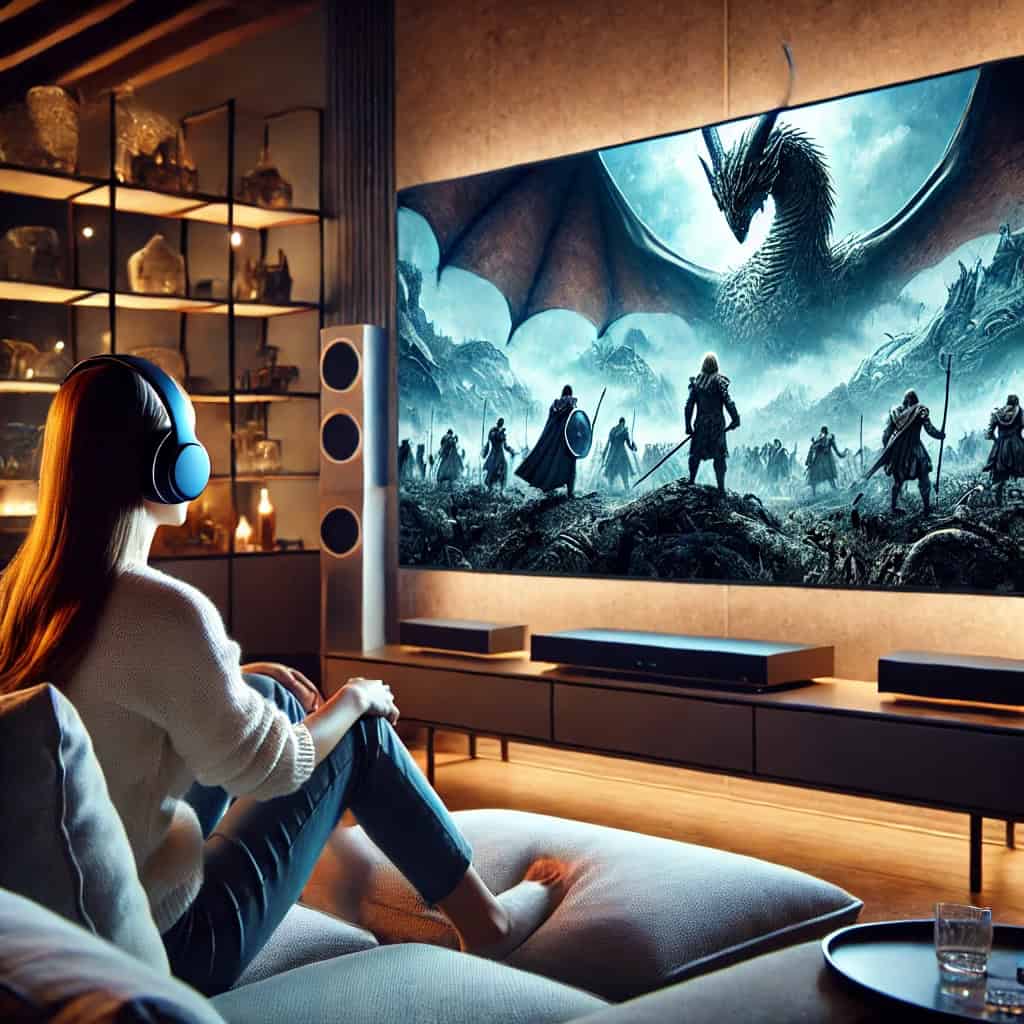 słuchawki bezprzewodowe do kina domowego na głowie kobiety, która siedzi na sofie, oglądając film fantasty na telewizorze