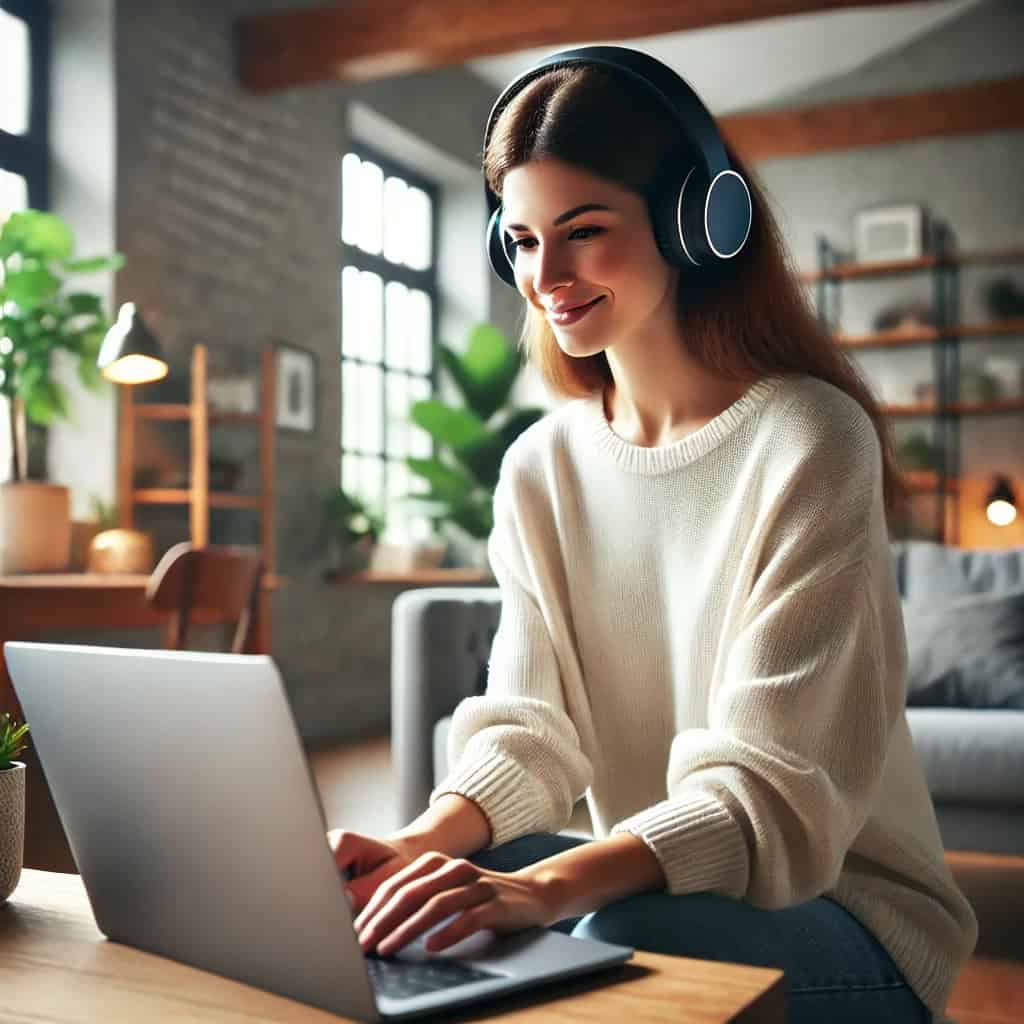 słuchawki bezprzewodowe do laptopa z mikrofonem na głowie kobiety rozmawiającej z kimś przed laptop