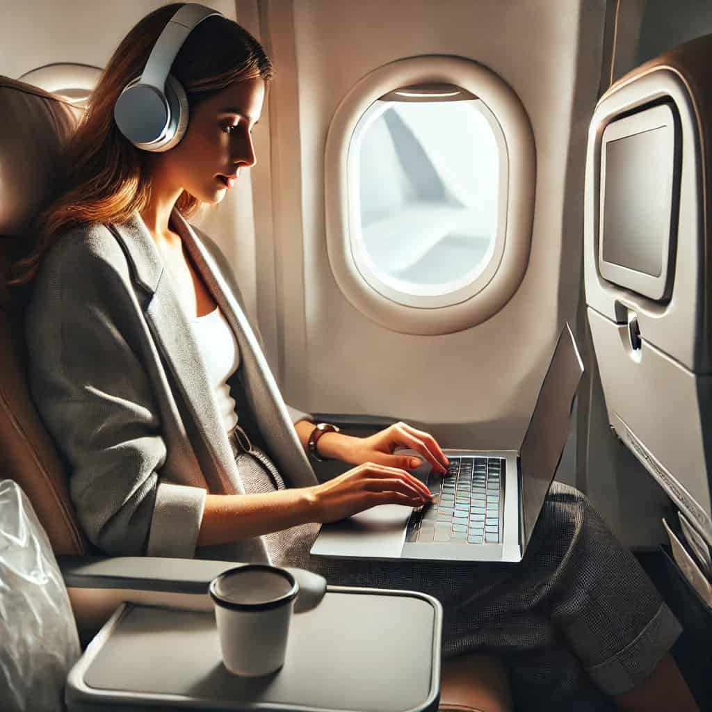 słuchawki bezprzewodowe do laptopa na uszach kobiety lecącej w samolocie
