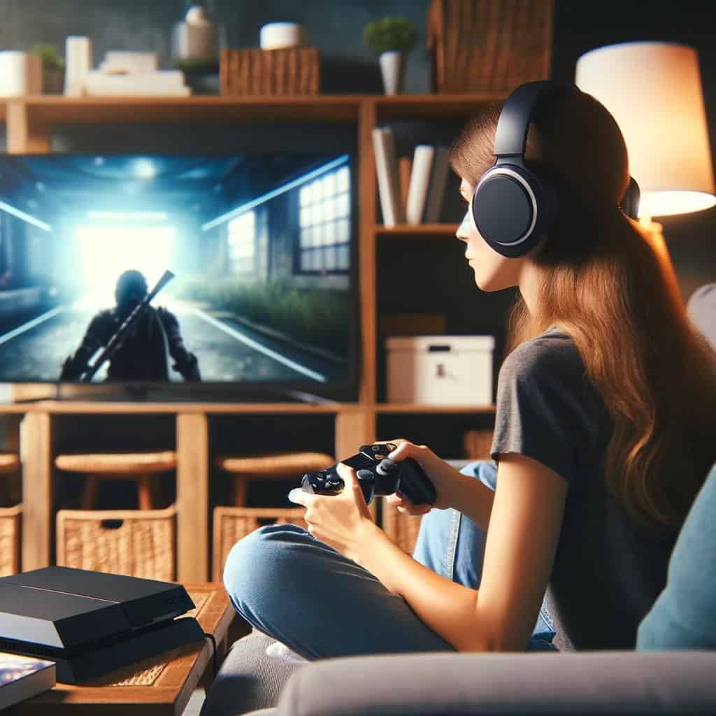 słuchawki bezprzewodowe do playstation 3 na głowie kobiety siedzącej na sofie i grającej na konsoli