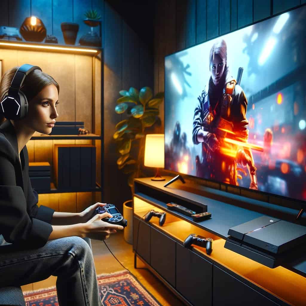 słuchawki bezprzewodowe do ps4 na uszach kobiety grającej w grę