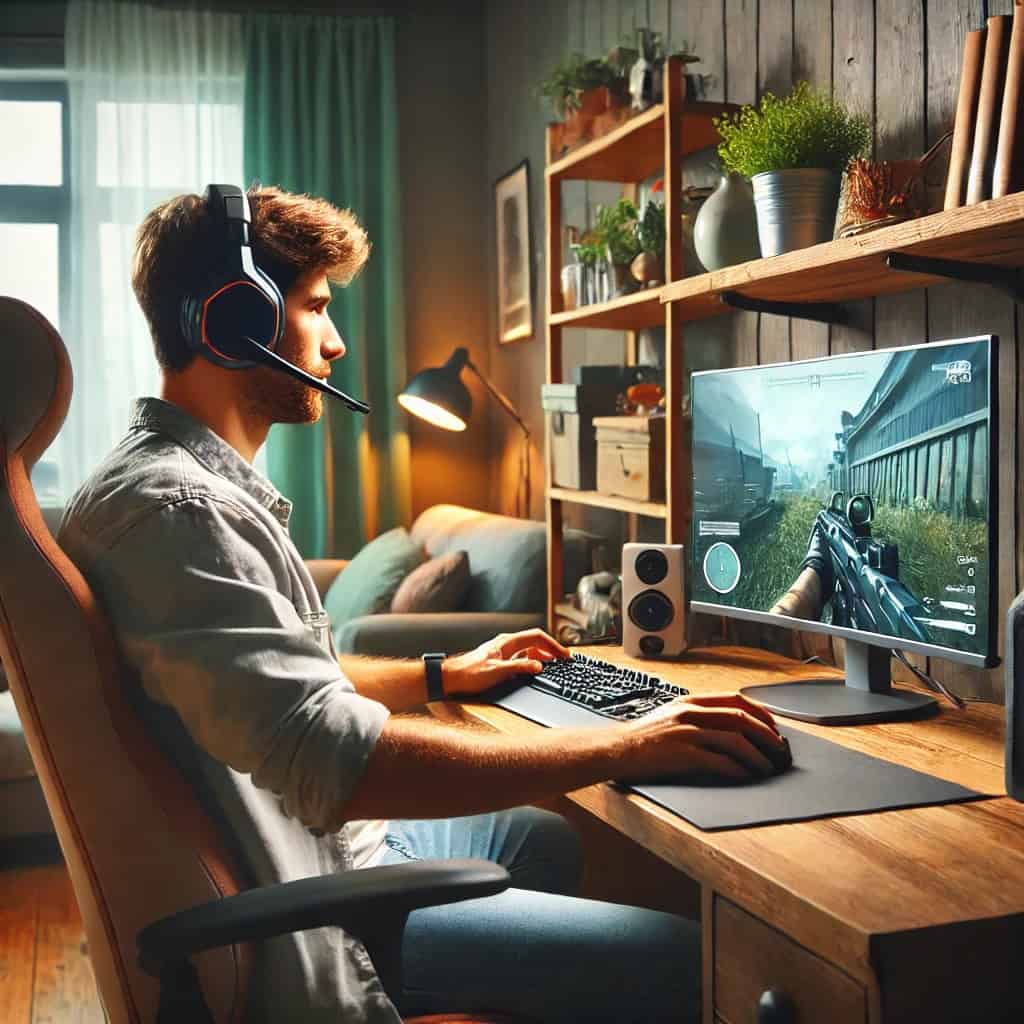 słuchawki bezprzewodowe gamingowe do 500 zł na głowie mężczyzny grającego w grę na PC