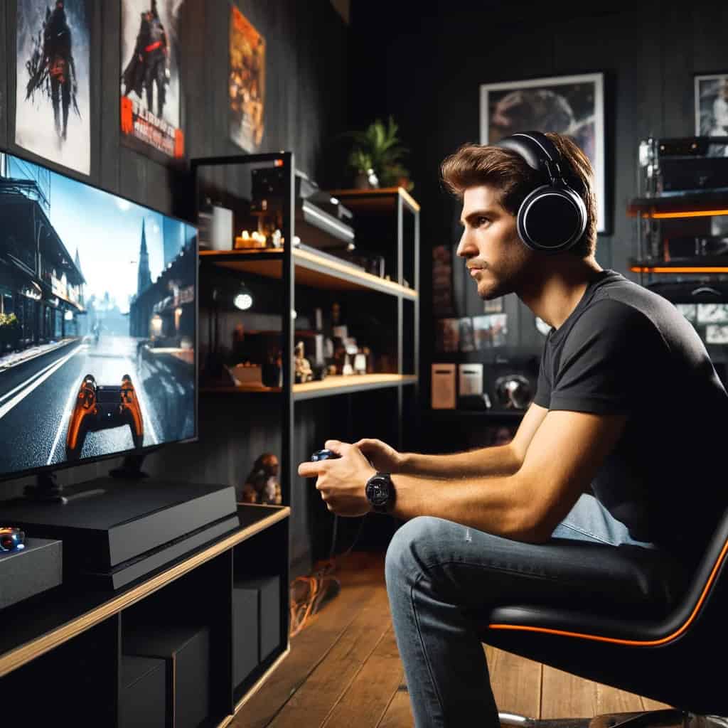 słuchawki bezprzewodowe playstation na głowie mężczyzny siedzącego w fotelu z padem przed konsolą PS