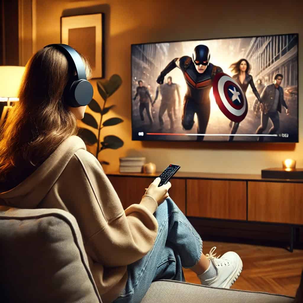 słuchawki bezprzewodowe radiowe - kiedy wybrać - przykładowy model na uszach kobiety, która ogląda film w TV