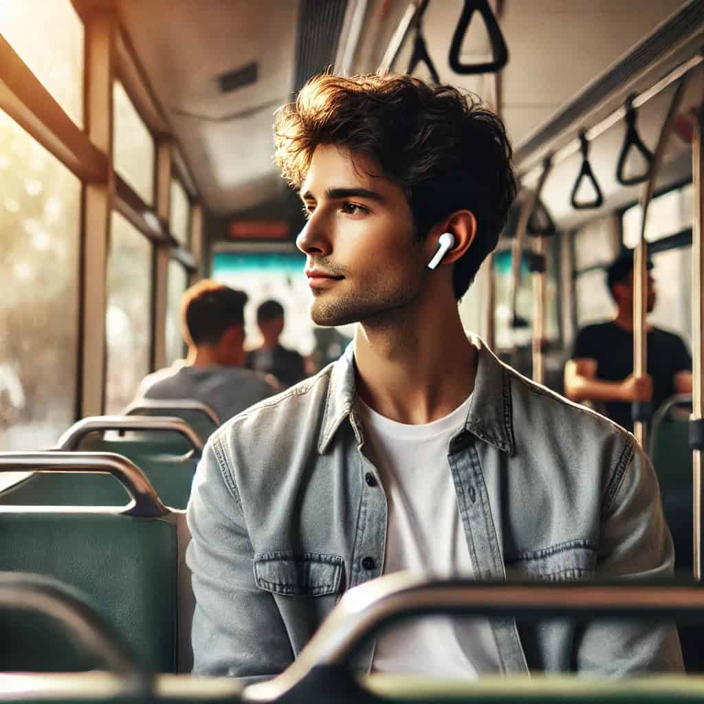 słuchawki bezprzewodowe ranking do 100 zł - przykładowy model dokanałowy w uszach młodego mężczyzny jadącego autobusem