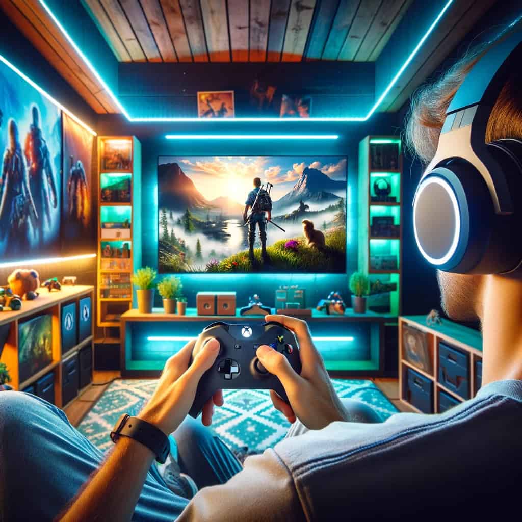 słuchawki bezprzewodowe xbox series x na uszach mężczyzny grającego na konsoli