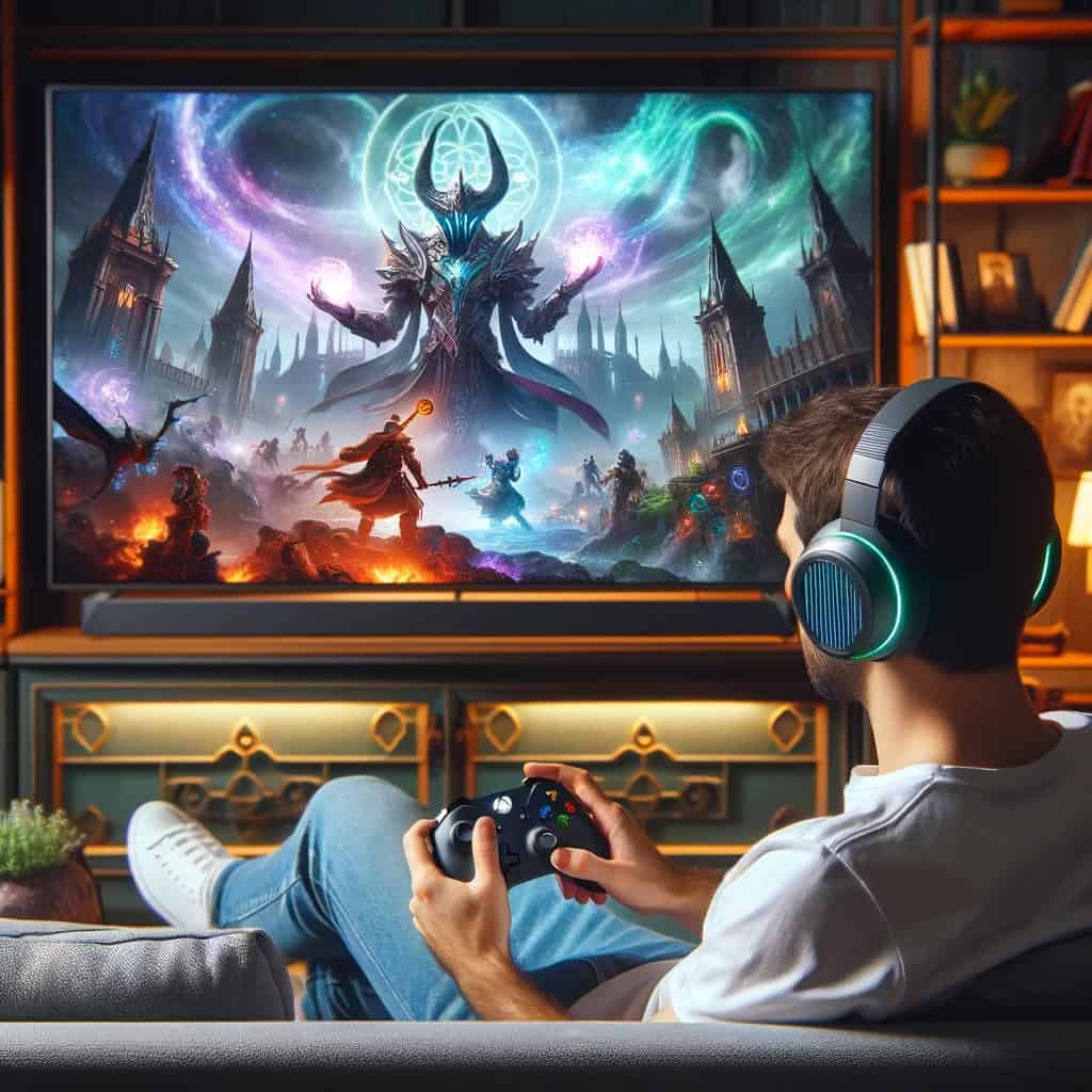 słuchawki bezprzewodowe xbox na uszach mężczyzny siedzącego na sofie z padem i grającego na konsoli w grę