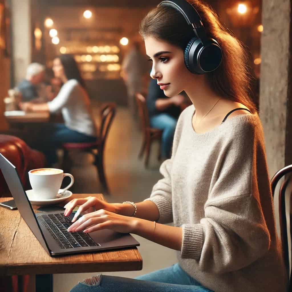 słuchawki bezprzewodowe z anc na głowie kobiety pracującej na laptopie w kawiarni