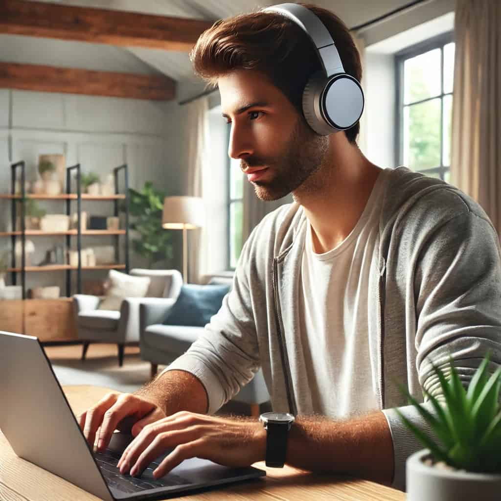słuchawki bluetooth do laptopa na głowie mężczyzny pracującego na laptopie