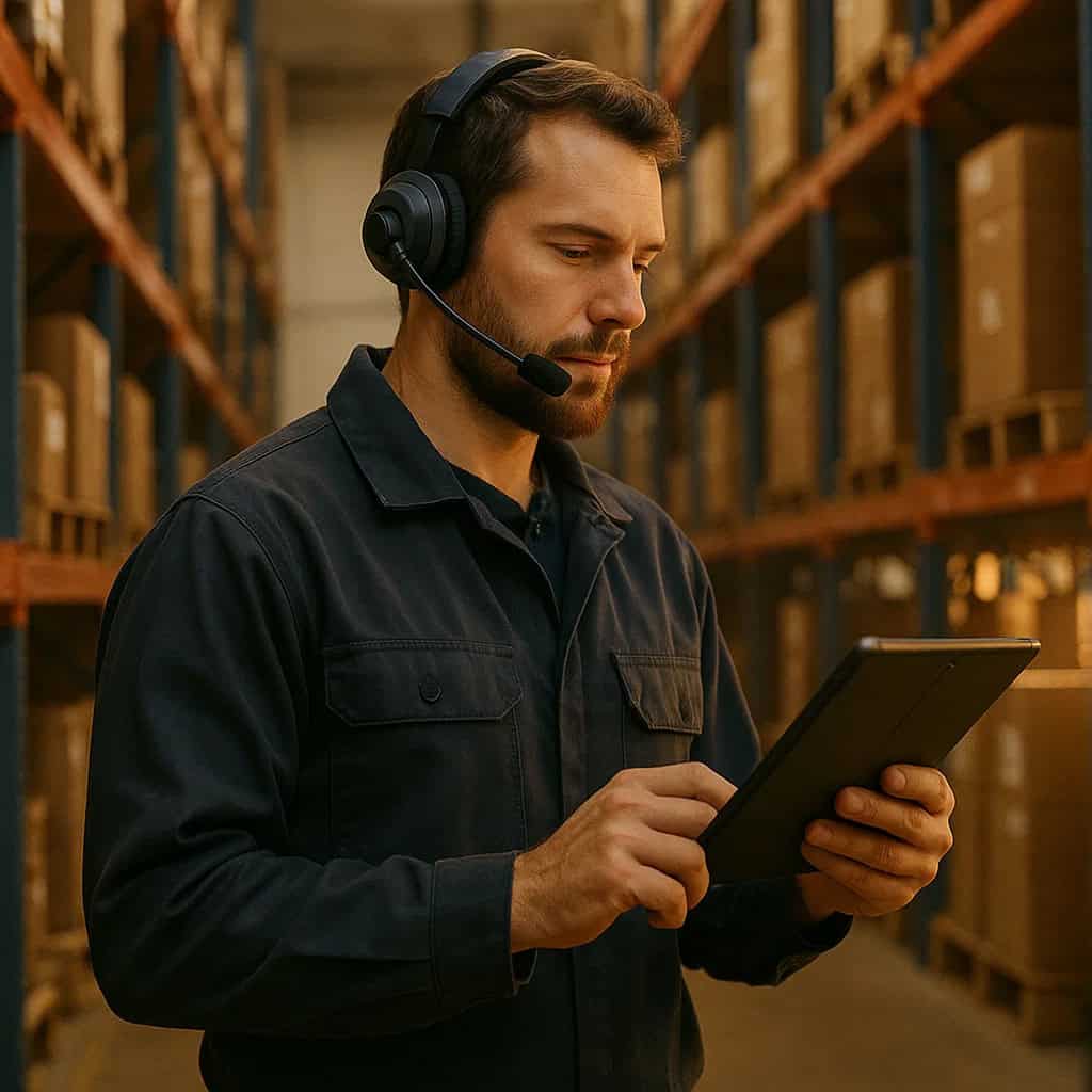 słuchawki bluetooth do rozmów - Pracownik magazynu korzystający z wytrzymałego modelu bezprzewodowego z mikrofonem na pałąku.