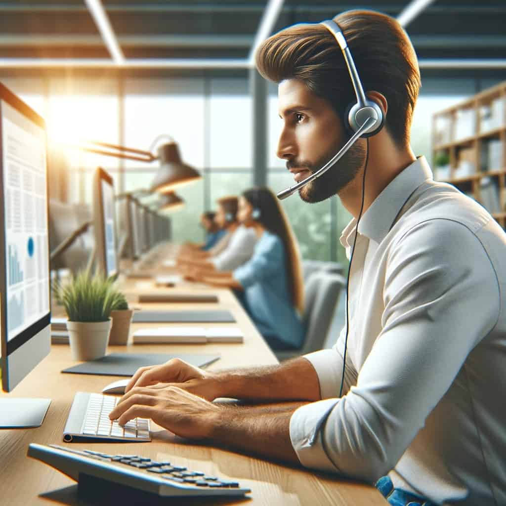 słuchawki call center ranking - przykładowy model na głowie mężczyzny pracującego w biurze na komputerze