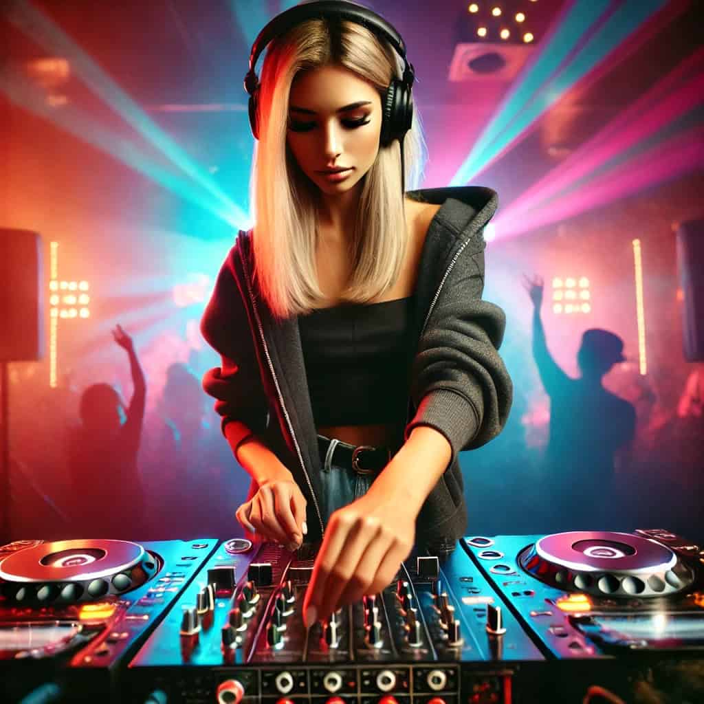 słuchawki dj ranking - przykładowy model na głowie kobiety puszczającej muzykę w klubie