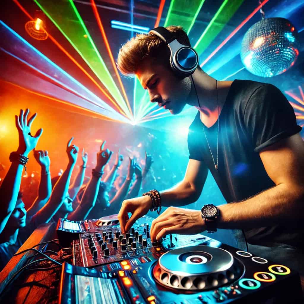 słuchawki dj na głowie mężczyzny puszczającego piosenki w klubie