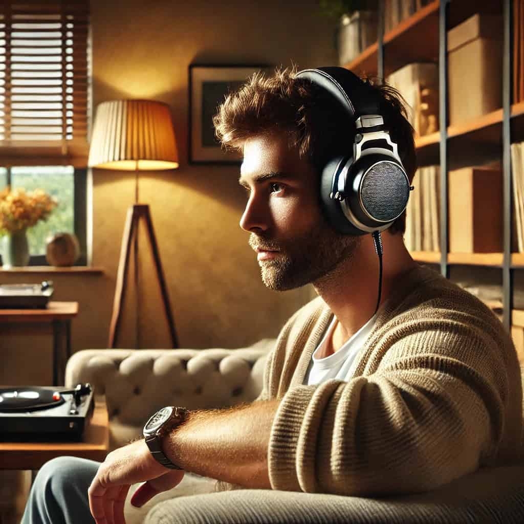 słuchawki dla audiofila na uszach mężczyzny słuchającego muzyki w fotelu