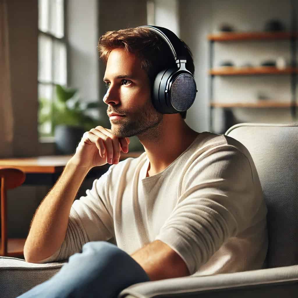 słuchawki dla audiofilów na uszach zamyślonego mężczyzny w fotelu