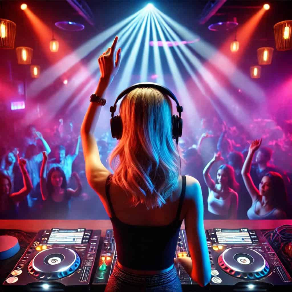 słuchawki dla dj ranking - przykładowy model na głowie kobiety puszczającej muzykę w klubie