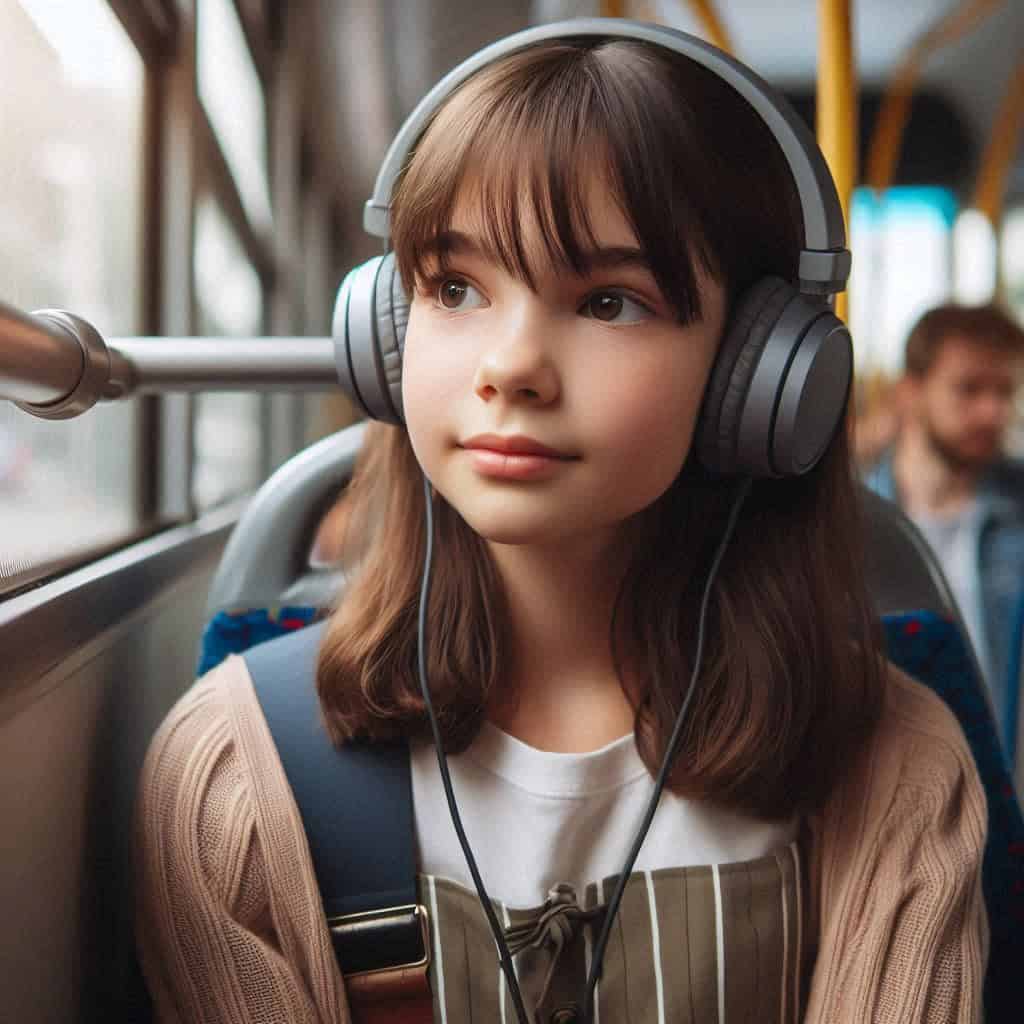 słuchawki dla dzieci ze spektrum autyzmu na głowie dziewczynki jadącej autobusem