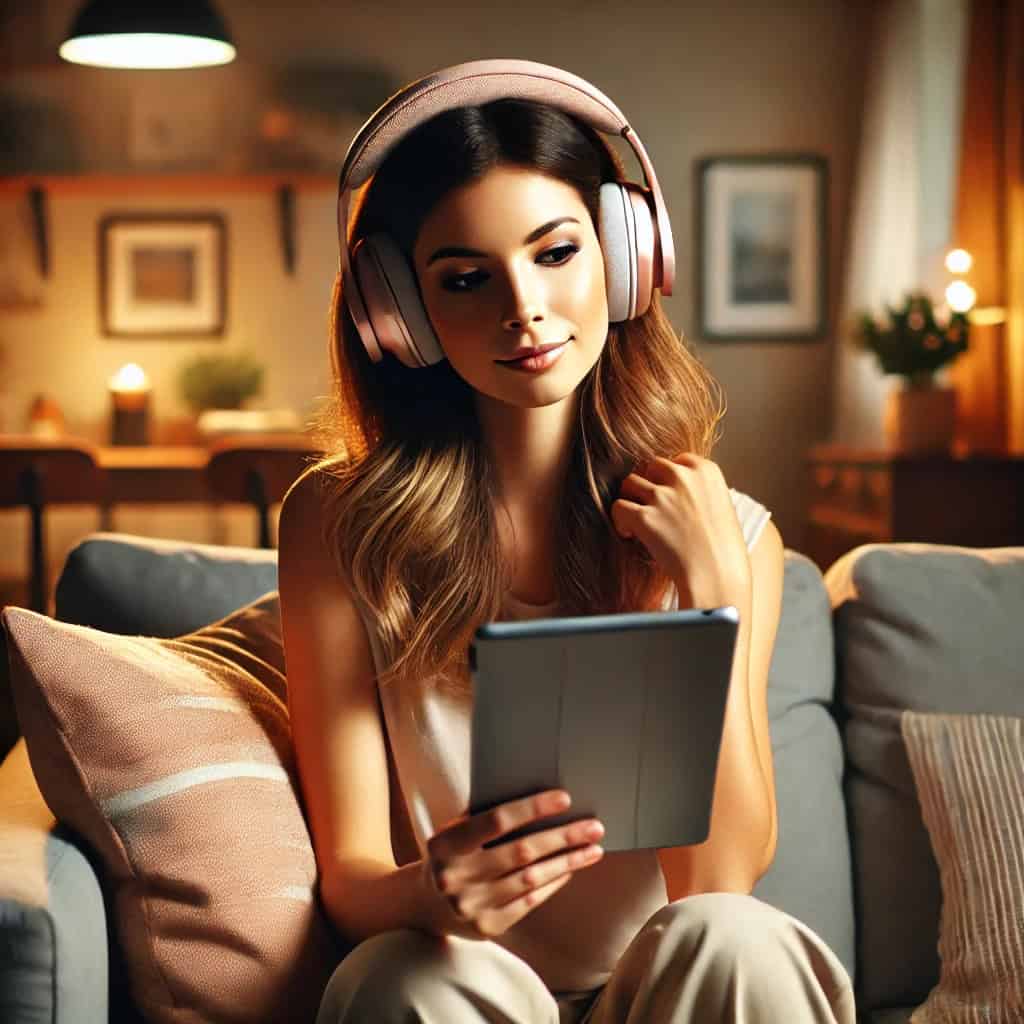 słuchawki dla dziewczyny do słuchania podcastow i audiobookow na głowie kobiety siedzącej na sofie z tabletem