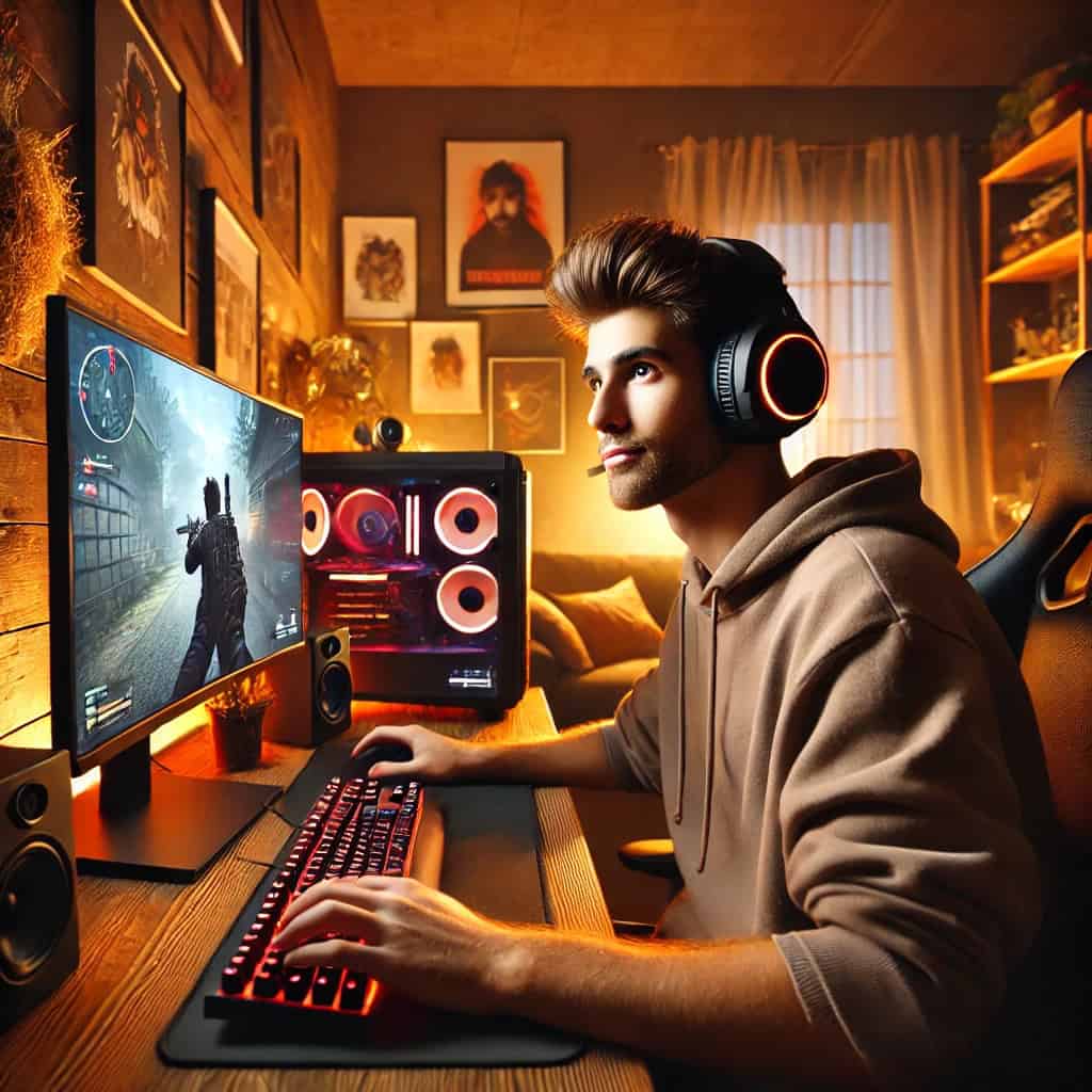 słuchawki dla gracza do 300 zł na głowie mężczyzny grającego na PC