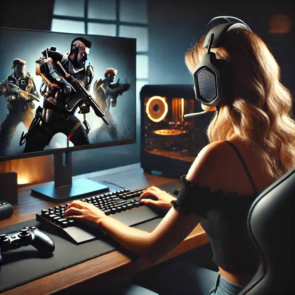 słuchawki dla graczy do 300 zł ranking - przykładowy model na głowie kobiety grającej na PC