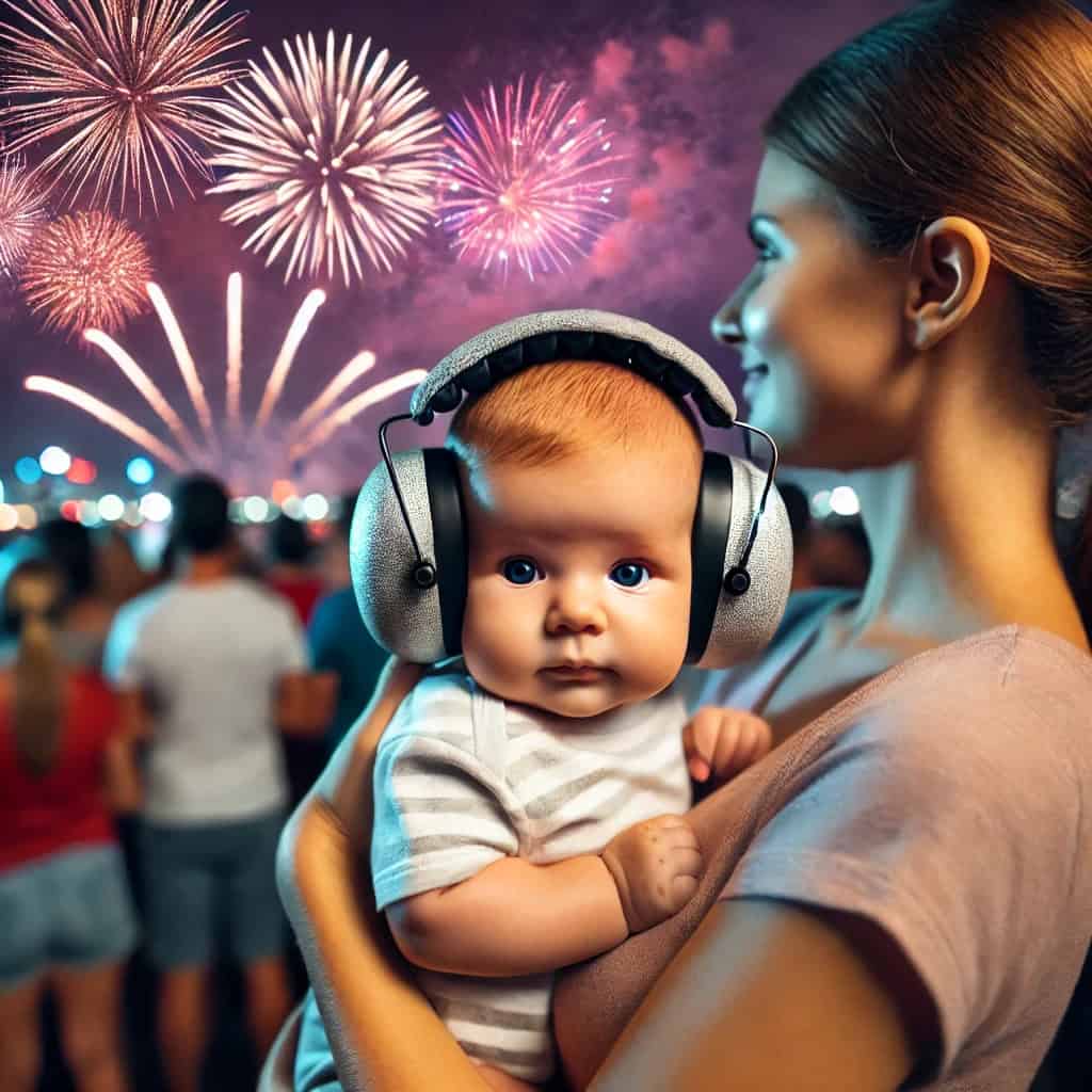 słuchawki dla niemowlaka na głowie dziecka na rękach mamy podczas pokazu fajerwerków
