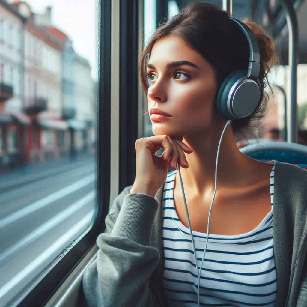 słuchawki dla osób z autyzmem na głowie kobiety jadącej tramwajem