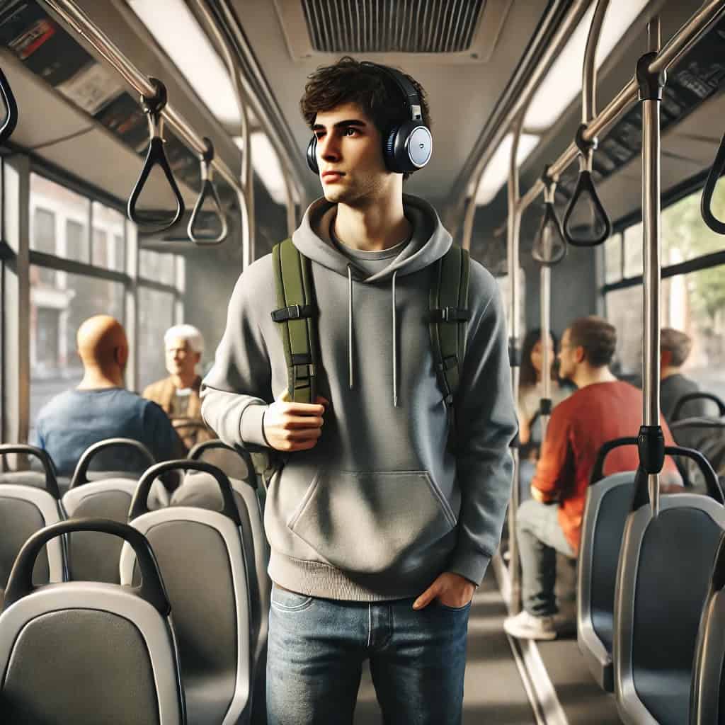 słuchawki do 100 zł bezprzewodowe na uszach studenta jadącego autobusem