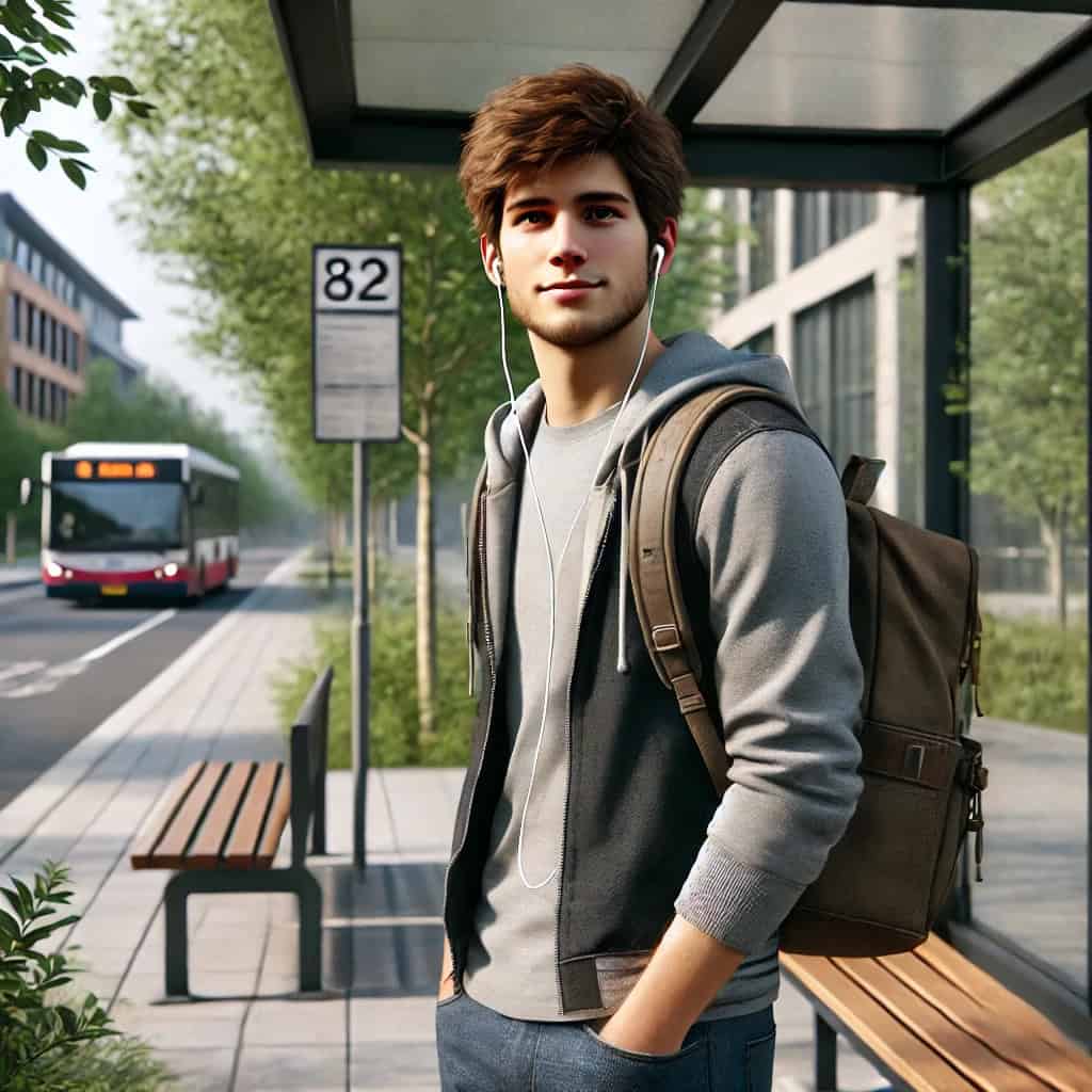 słuchawki do 100 zł douszne w uszach chłopaka stojącego na przystanku autobusowym